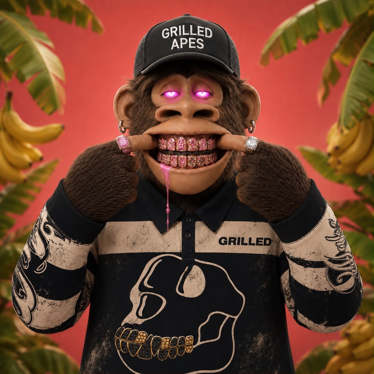 Grilled Ape character poster — a gold-grilled ape wearing a Grilled Apes cap against a tropical red backdrop